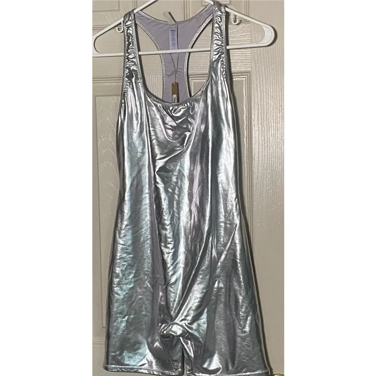 Skims Metallic Large Silver Crome Racerback Cycle Suit