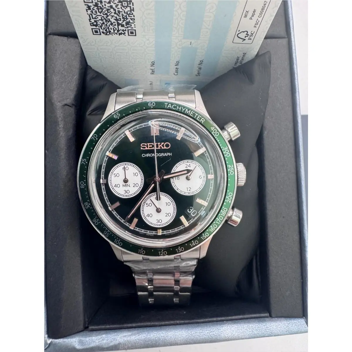Seiko Chronograph Quartz Green Dial Men`s Watch SSB481P1 - Dial: Green, Band: Silver-tone, Silver, Bezel: Silver-tone, Green