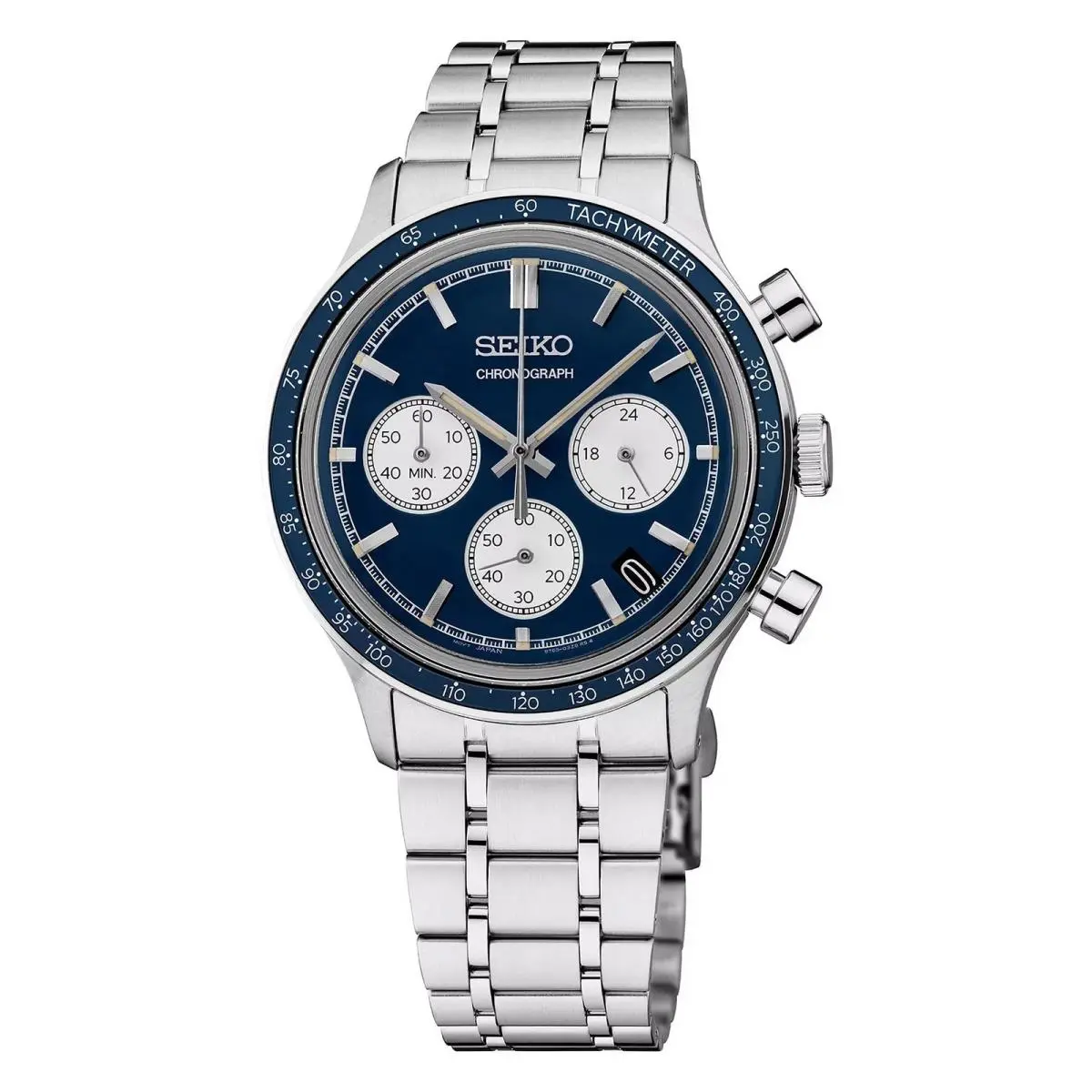 Seiko Essentials SSB477 38.7mm Blue Dial Quartz Chrono Men Watch Vintage Retro - Dial: Blue, Band: Silver, Bezel: Blue