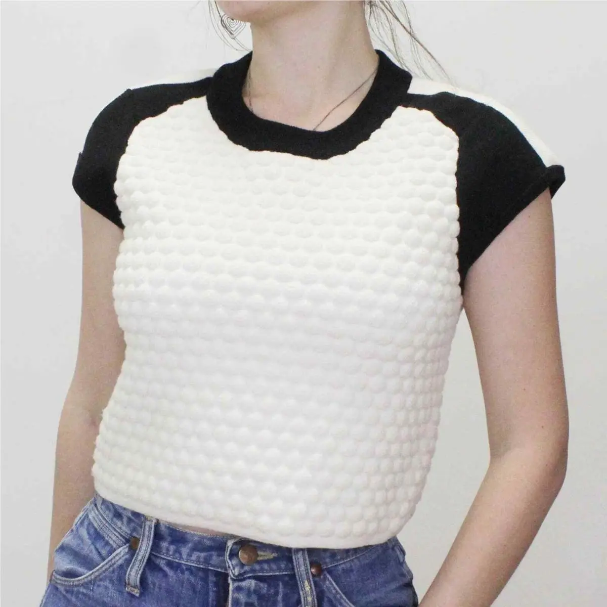 Rag Bone Kelsie Knit Crop Top- White and Black Knit Tee From Barney`s