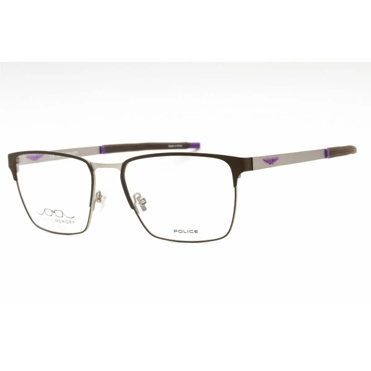 Police Men`s Eyeglasses Brown Silver Metal Rectangular Shape Frame VPLG79 8BMY