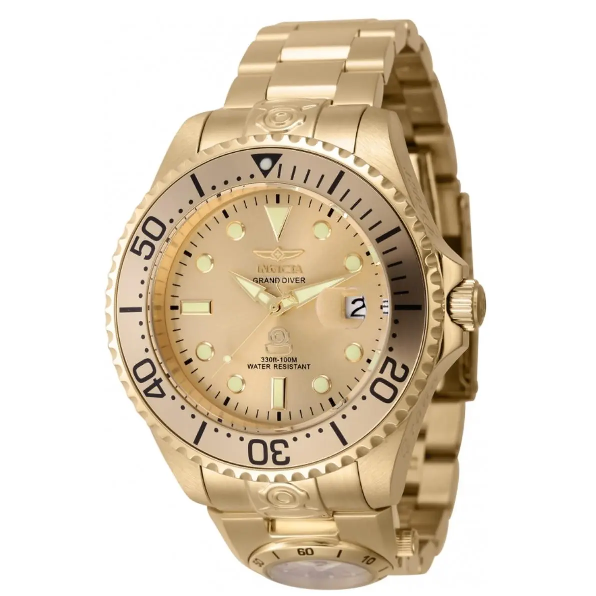 Invicta Grand Diver Triple Gold 47mm Men`s Automatic Dual Time Watch 45817 - Dial: Gold Yellow, Band: Gold Yellow, Bezel: Black Gold Yellow