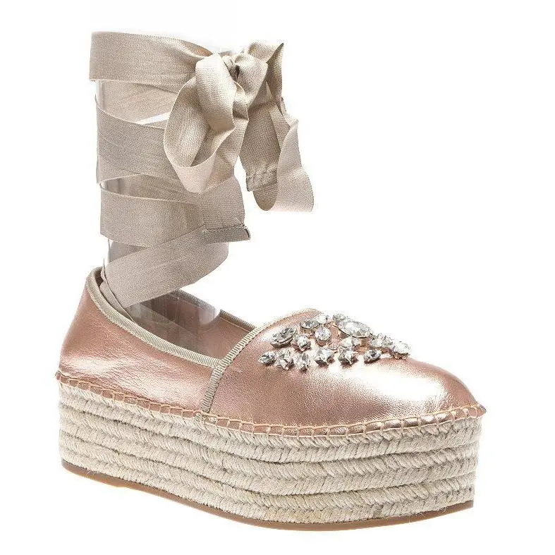 Prada Copper Leather Crystals Espadrilles Lace Platform Shoes 38.5 - COPPER