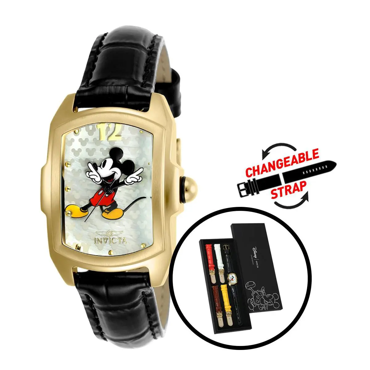 Invicta Mens Disney Limited Edition Quartz Black Tone with Interchangeable Strap - Dial: White, Band: Black, Bezel: Gold