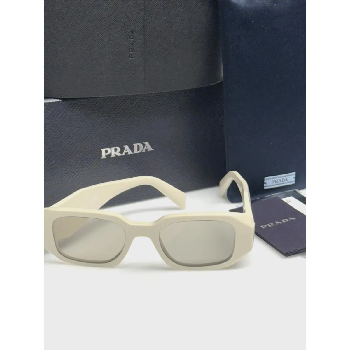 Prada PR 17WS 21D5J2 White Milk Plastic Rectangle Sunglasses Brown Lens