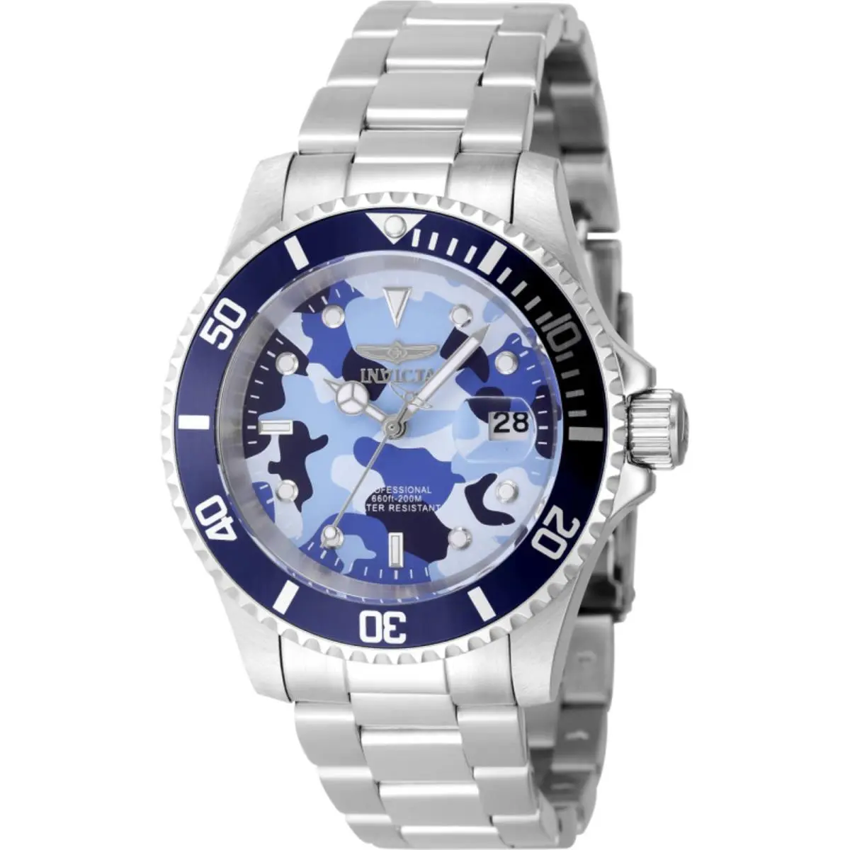 Invicta Men`s Watch Pro Diver Camo Series Camouflage and Blue Dial Steel 48570 - Dial: Camouflage, Blue, Band: Silver