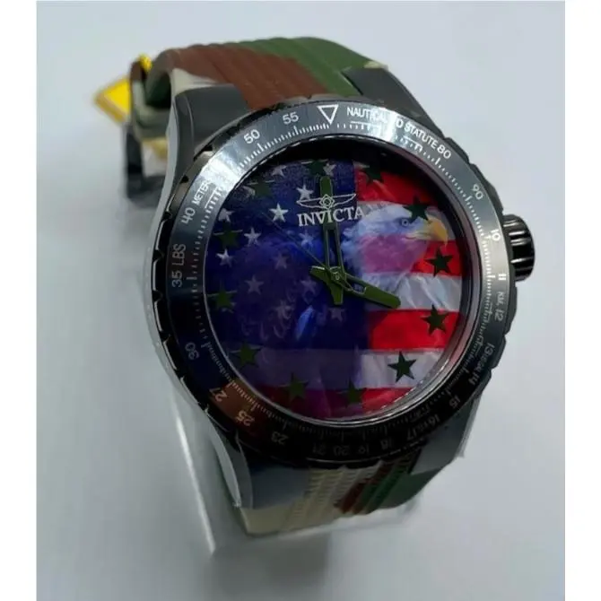 Invicta Aviator Freedom Flyer Men`s Watch - 50mm Camouflage 48956 - Dial: Red White & Blue American Flag & Eagle, Band: camouflage, Bezel: Silver, Gunmetal