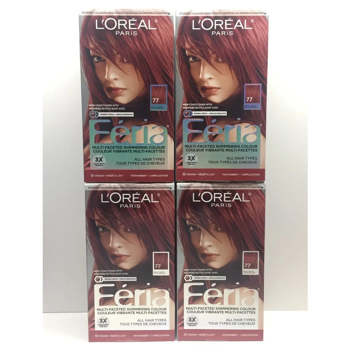4 x L`oreal Paris Feria Multi-faceted Shimmering Color 77 Bright Auburn Hair Dye