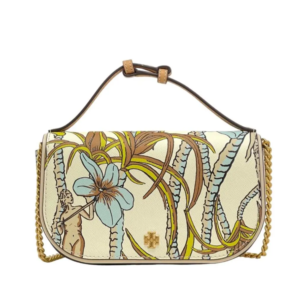 Women`s Emerson Small Printed Top Handle Crossbody Bag Cream Brown Climbing Palms - 144077 by Tory Burch