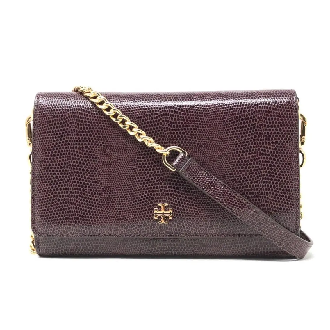 Women`s Emerson Chain Wallet Clutch Crossbody Bag Lizard-Embossed Leather - Night Shade - 78364 by Tory Burch