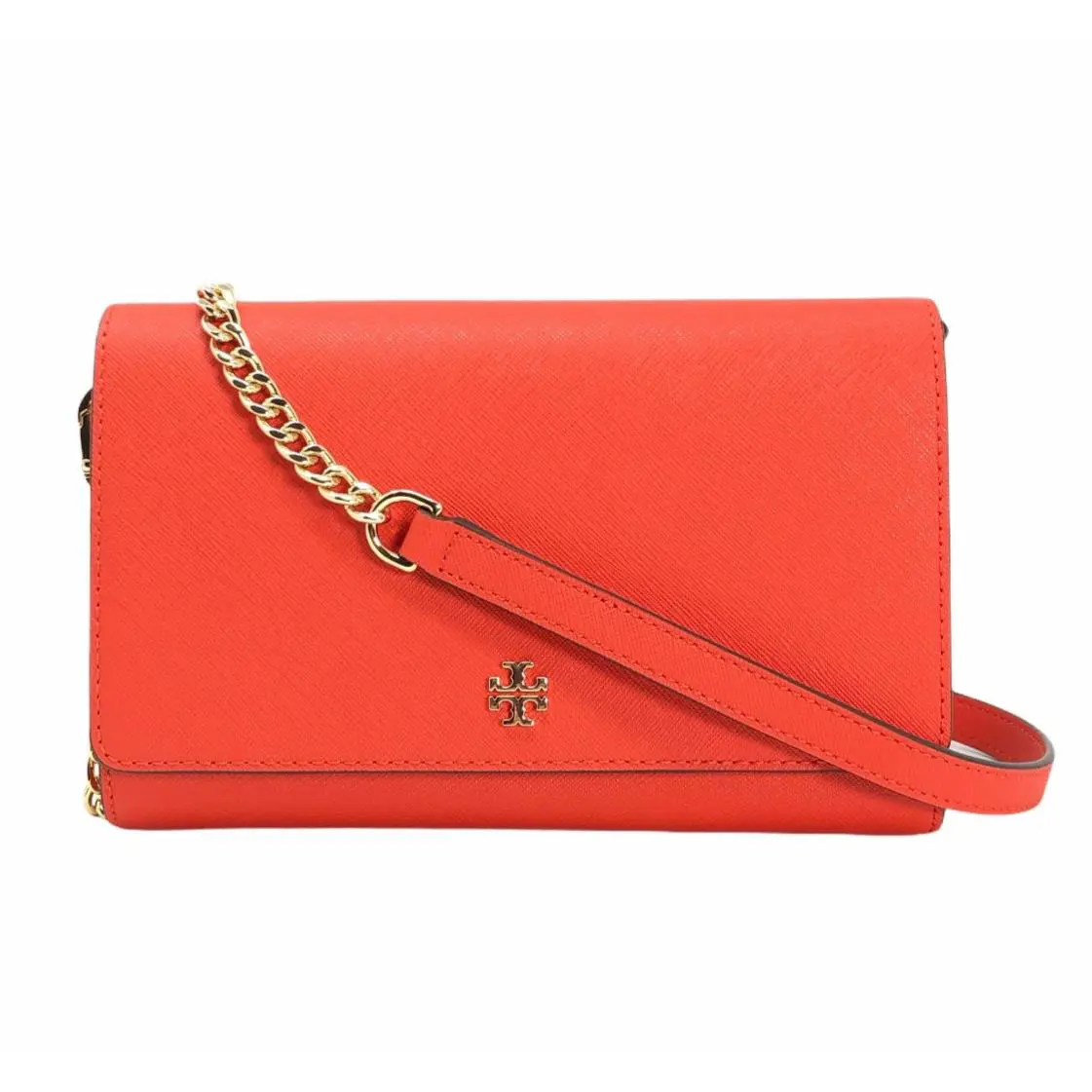 Women`s Emerson Chain Wallet Clutch Crossbody Bag Saffiano Leather - Bright Samba - 73383 by Tory Burch