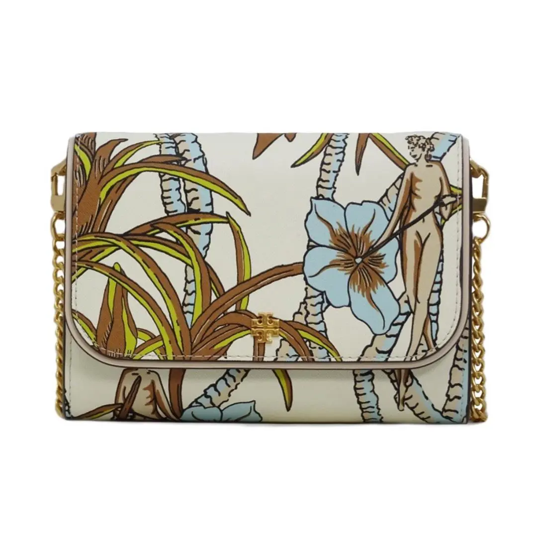 Women`s Emerson Chain Wallet Clutch Crossbody Bag Saffiano Leather - Cream Brown Climbing Palms - 14 by Tory Burch