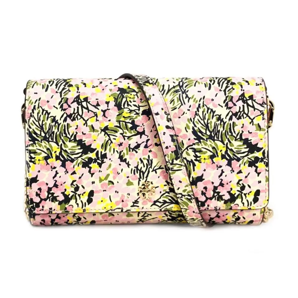 Women`s Emerson Chain Wallet Clutch Crossbody Bag Saffiano Leather - Flower Field - 73137 by Tory Burch