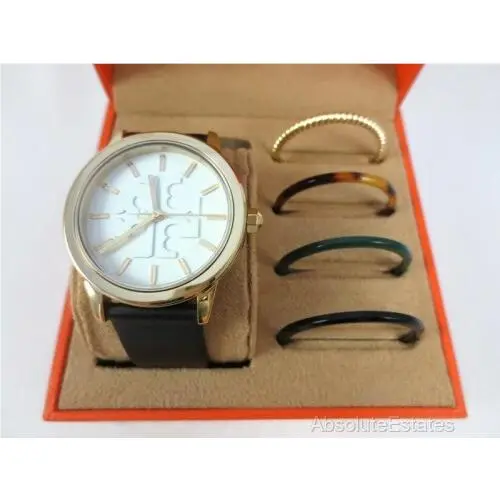 Tory Burch Gigi Black Gold Watch Interchangeable Bezel Set TBW2018 Box