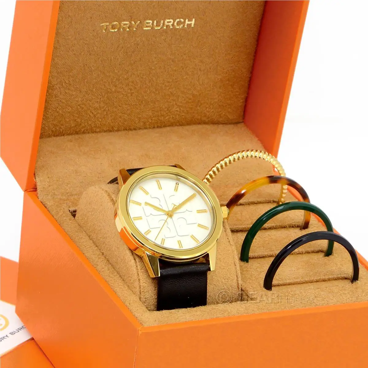 Tory Burch Gigi Womens Gold Watch Set Interchangeable Bezel Black Leather Band