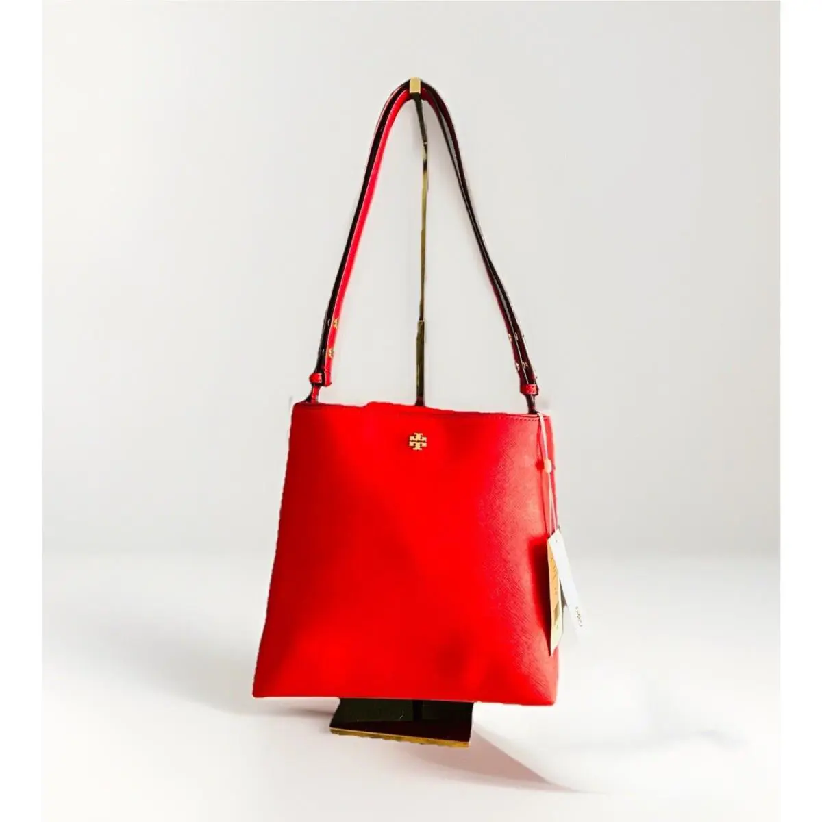 Tory Burch Emerson Bucket Bag Red Saffiano Leather Bearberry Crossbody Shoulder