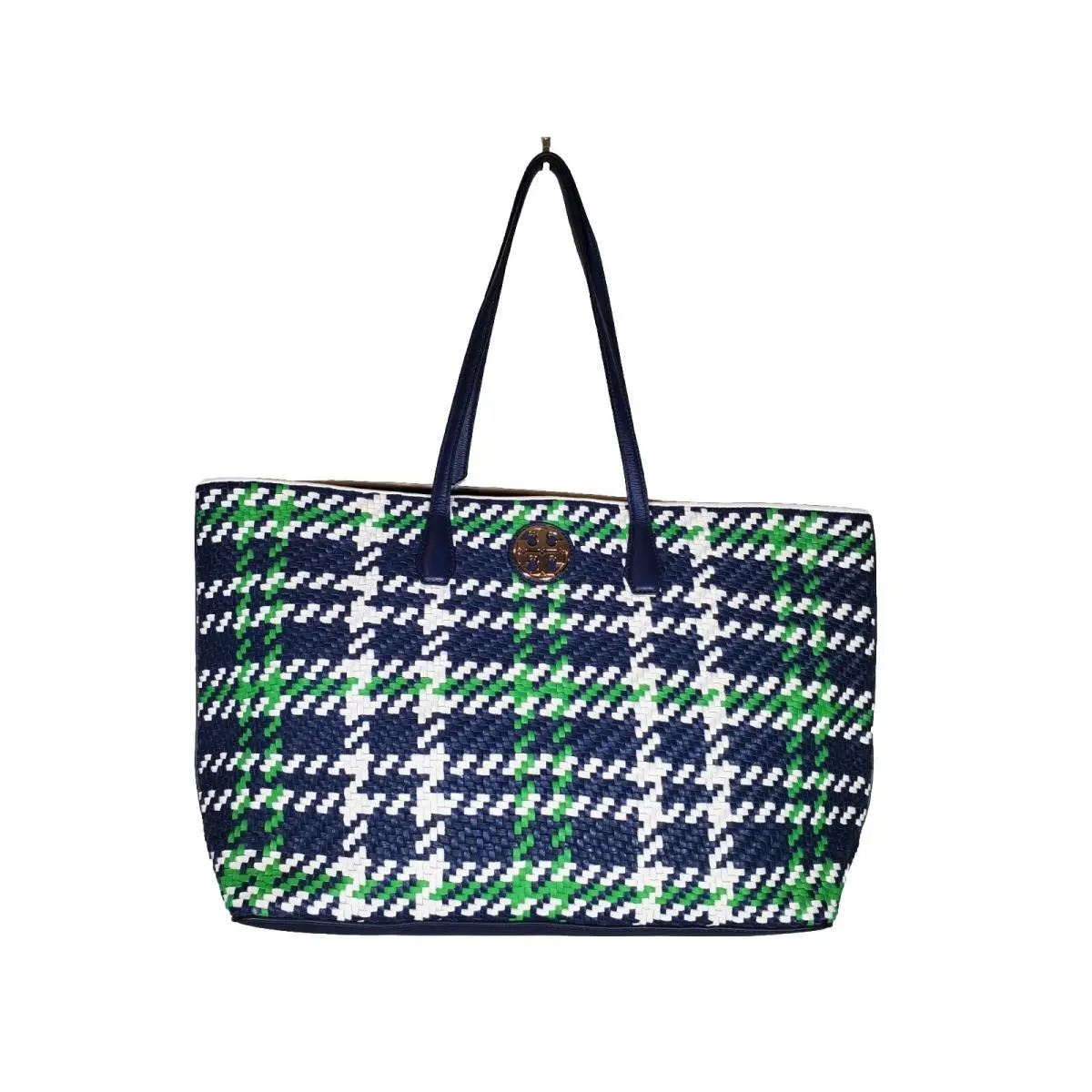 Woven Tote Bag in Navy / Green / Ivory 35325 with Dust Bag by Tory Burch