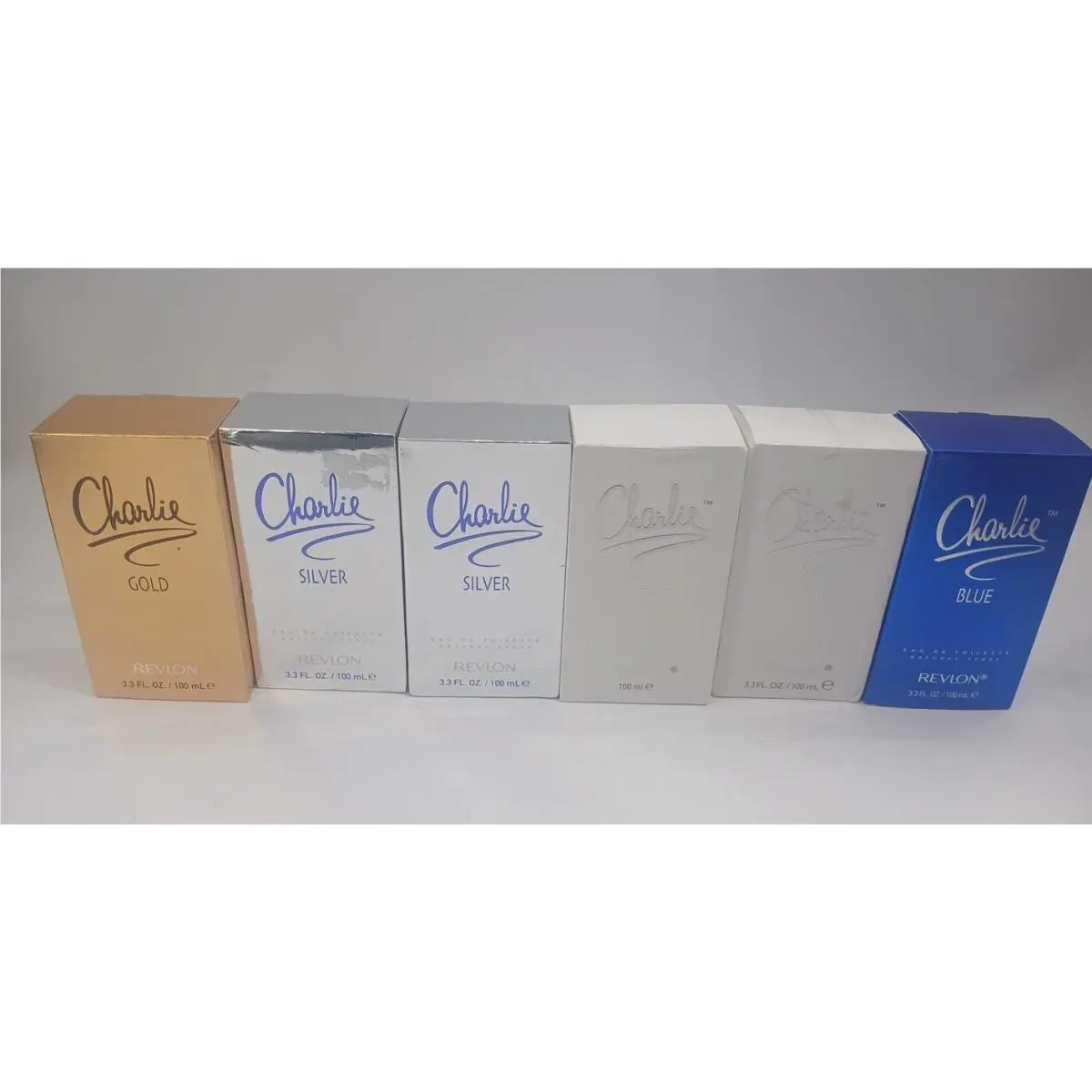 Revlon Lot of 6 Charlie Gold White Silver 3.3 oz Edt Spray Perfume For Women Assorte