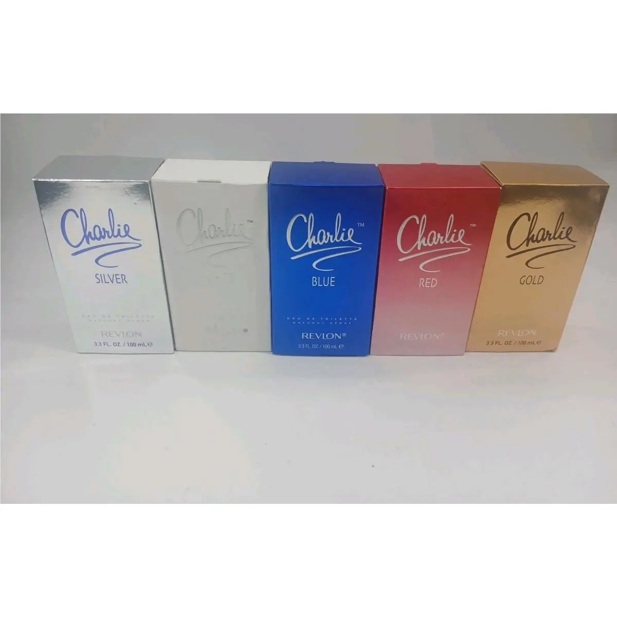Revlon Lot of 5 Charlie White Silver Gold Red Blue 3.3 oz Spray Perfume For Women