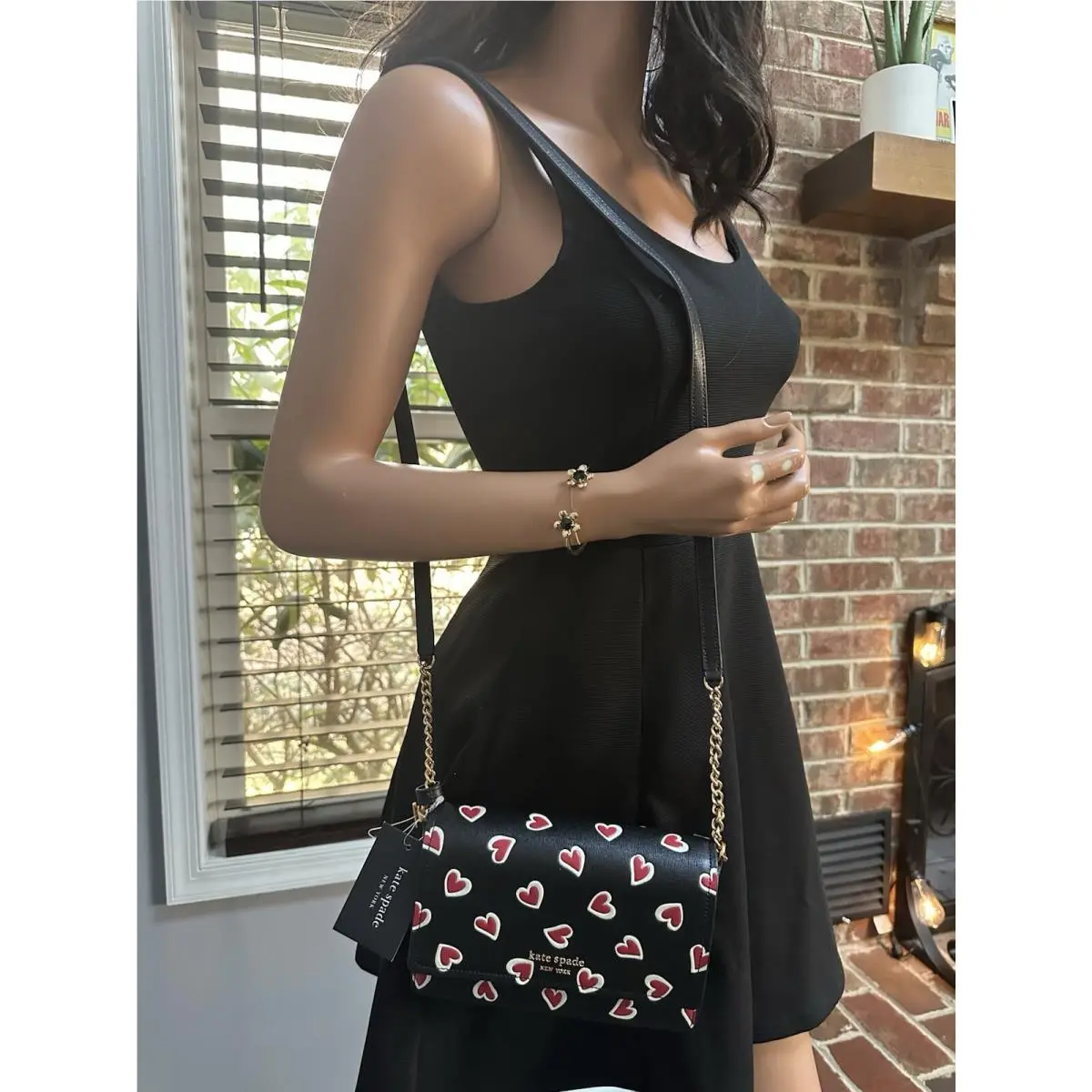 New Kate Spade Morgan Red Hearts Black Leather Chain Crossbody Bag