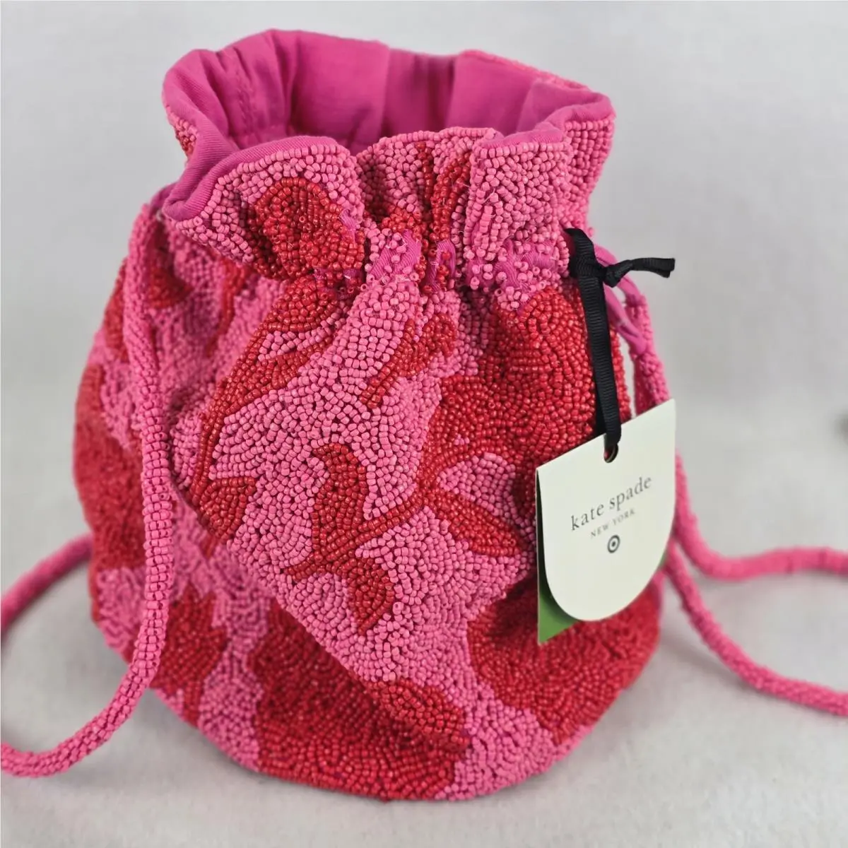 Kate Spade x Target Beaded Classic Rose Drawstring Bucket Bag Purse Pink