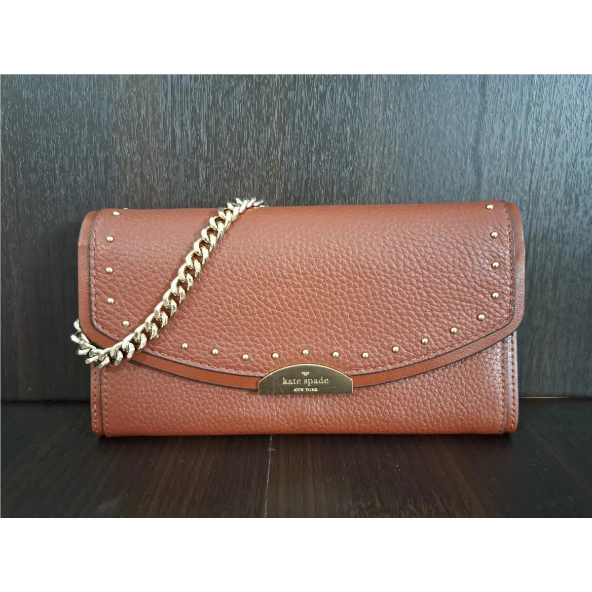 Kate Spade Milou Wristlet Brown Leather Wallet w/ Gold Chain Women`s Purse