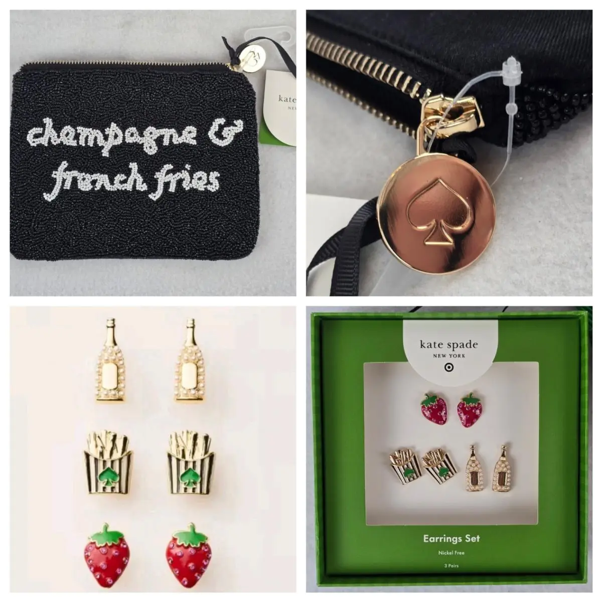 New Kate Spade NY Target Champagne and French Fries Beaded Clutch Earrings Lot