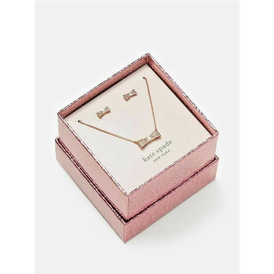 Kate Spade Ready Set Bow Pendant Necklace Studs Earring Boxed Set Rose Gold