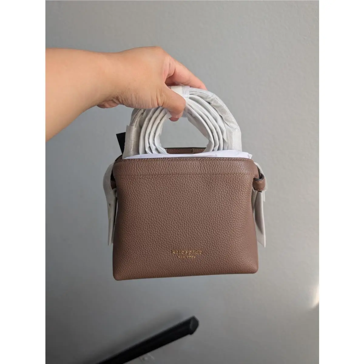 KD067 Knott Pebbled Leather Mini Crossbody Tote Warm Acorn by Kate Spade