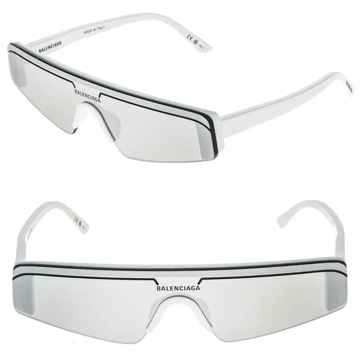 Balenciaga BB0003S Ski 0003 White Silver Mirrored Slim Fashion Shield Sunglasses