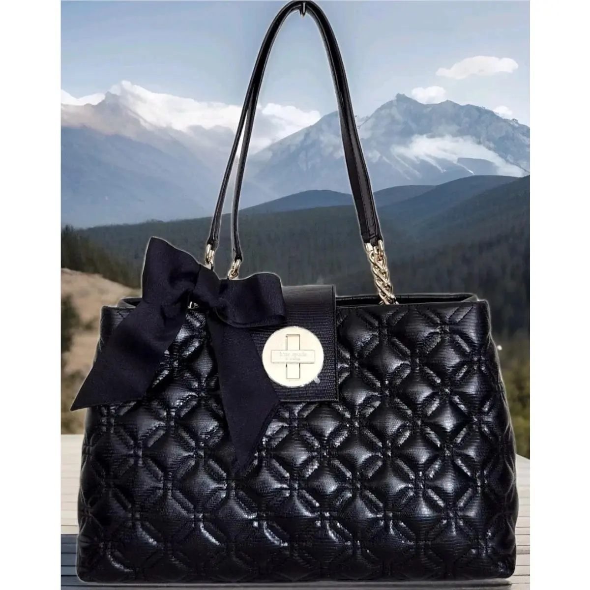 Kate Spade NY Elena Ashbury Lane Black Quilted Leather Bow Large Tote Bag