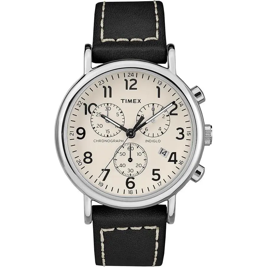 Timex Men`s Watch Weekender Chronograph Cream Dial Black Leather Strap TW2R42800 - Dial: Cream, Band: Black