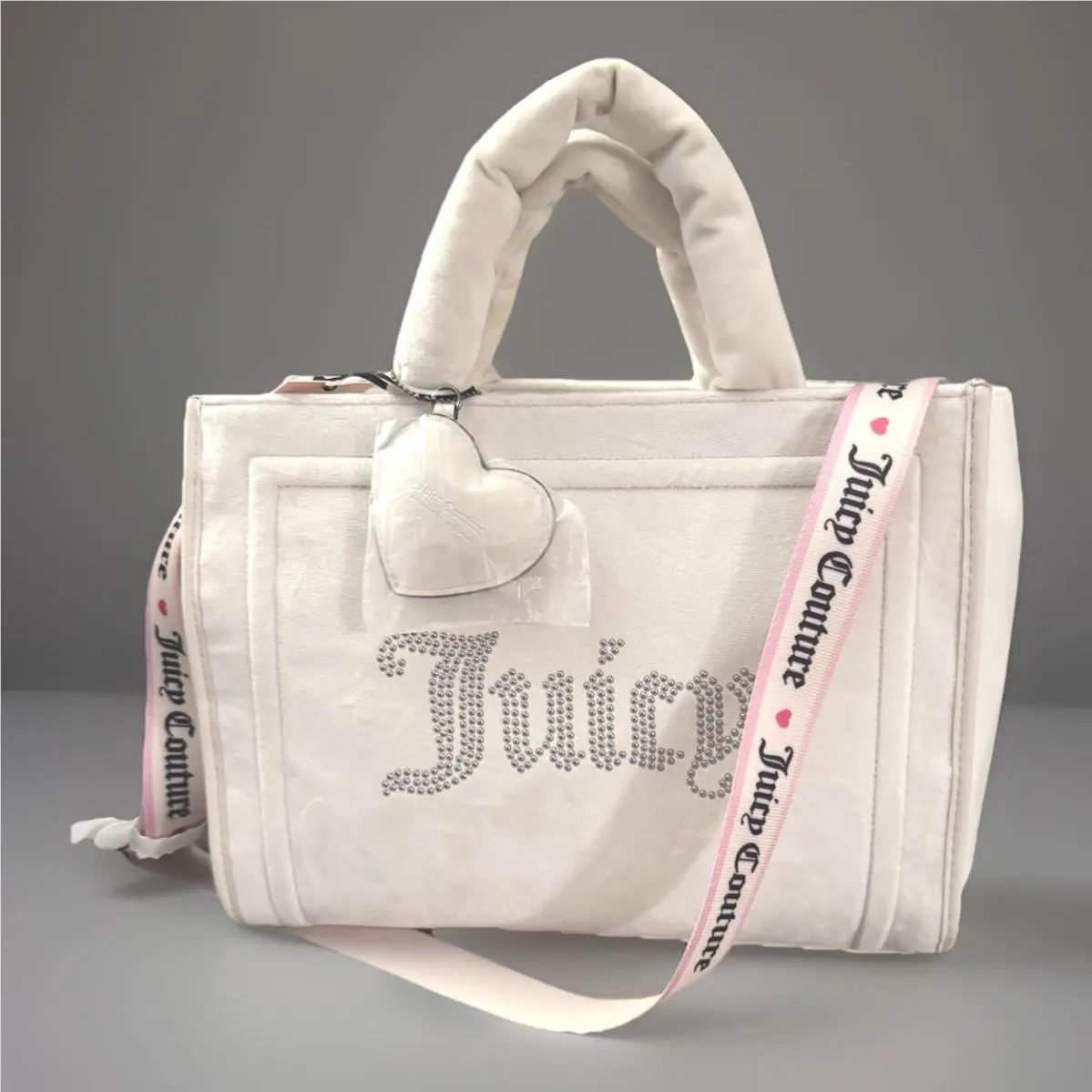 Juicy Couture Extra Spender Tote Angel White Velvet Studded + Strap 13 Large