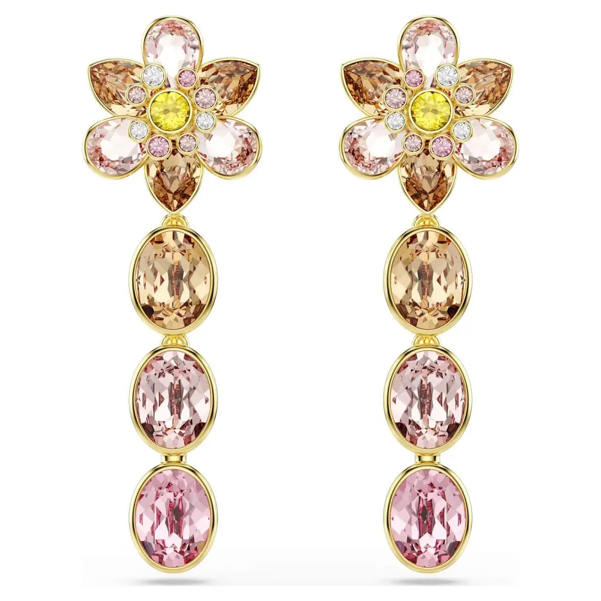 Idyllia Drop Earrings Mixed Cuts Flower Gold Tone Plated 5732381 by Swarovski
