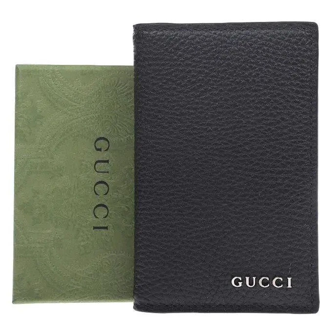 NW Gucci Black Leather Logo Script Long Folding Card Case Wallet W/box