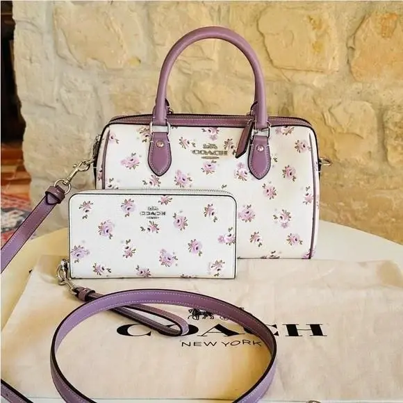Rowan Satchel Bag Floral Print Crossbody Satchel/ Wallet Option Lilac Bundle 2 Pcs by Coach