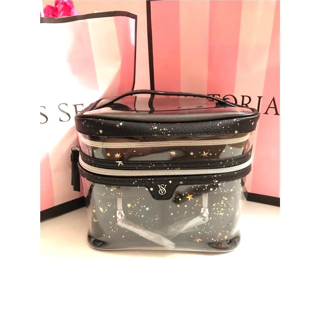 Victoria`s Secret 4 Set Cosmetic Travel Cases Star Black Pleather Clear