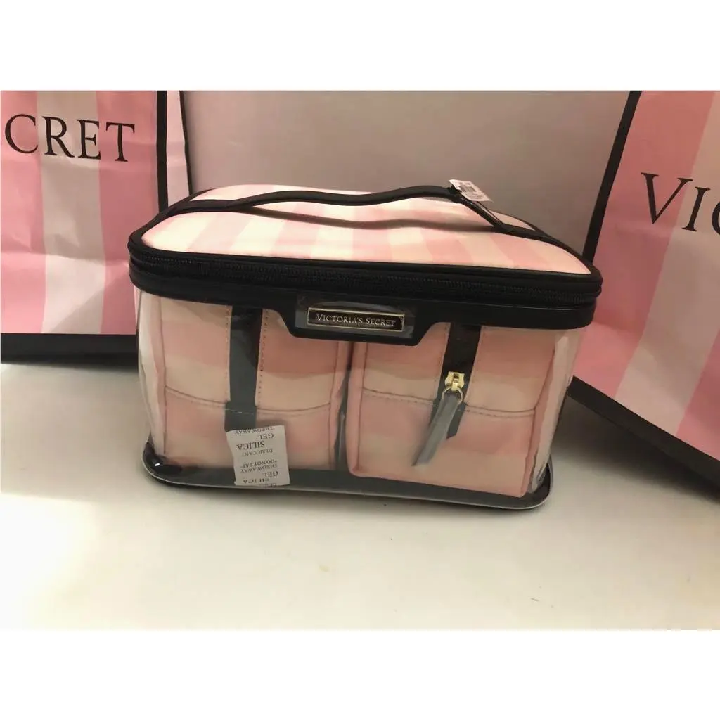 Victoria’s Secret Pink Stripe 3 Piece Train Case Makeup Bag Set