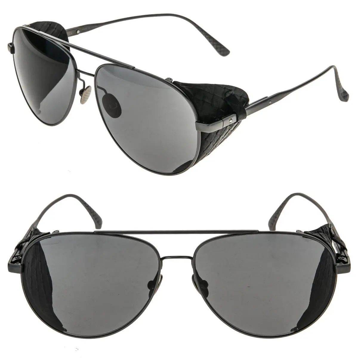 Bottega Veneta BV0041S 0041 Titanium Polarized Black Leather Blinder Sunglasses