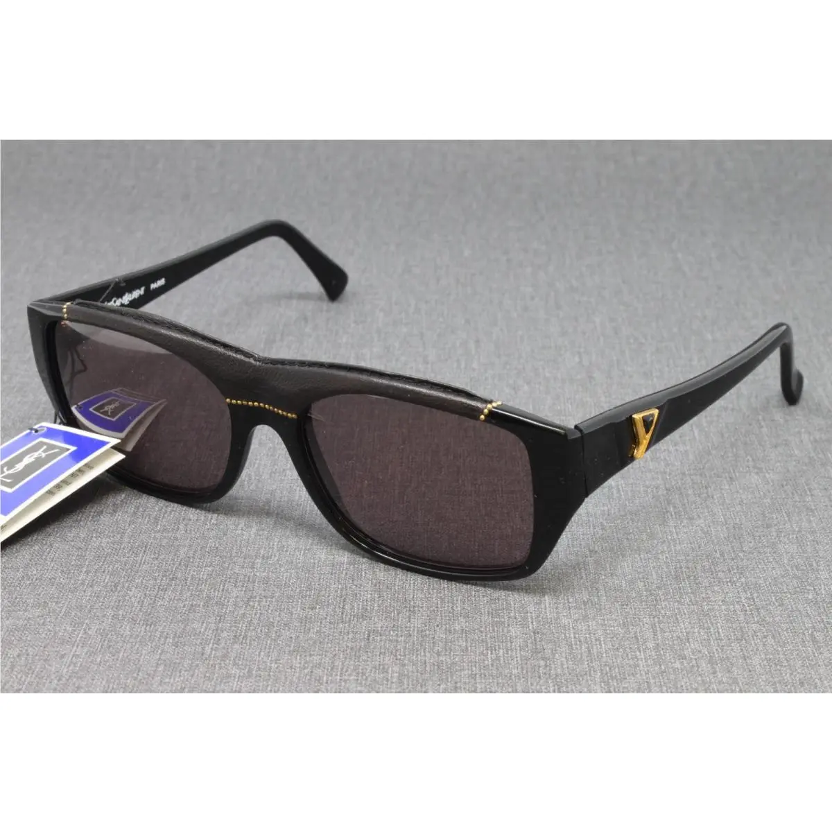 Unisex Sunglasses Square Black Leather Trim Plastic Frame Vtg by Yves Saint Laurent
