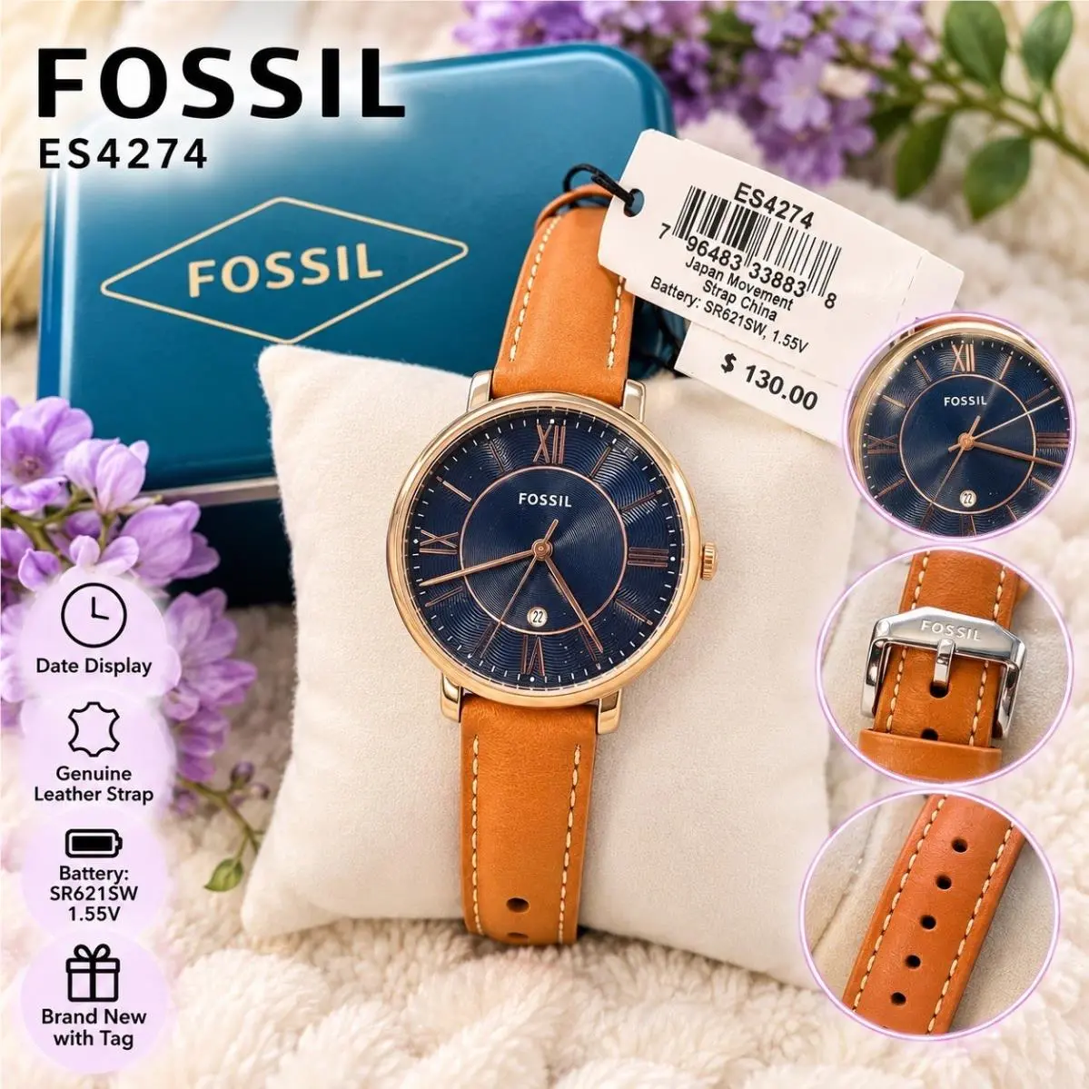 ES4274 Jacqueline Women’s Watch 36mm Blue Dial Brown Leather by Fossil