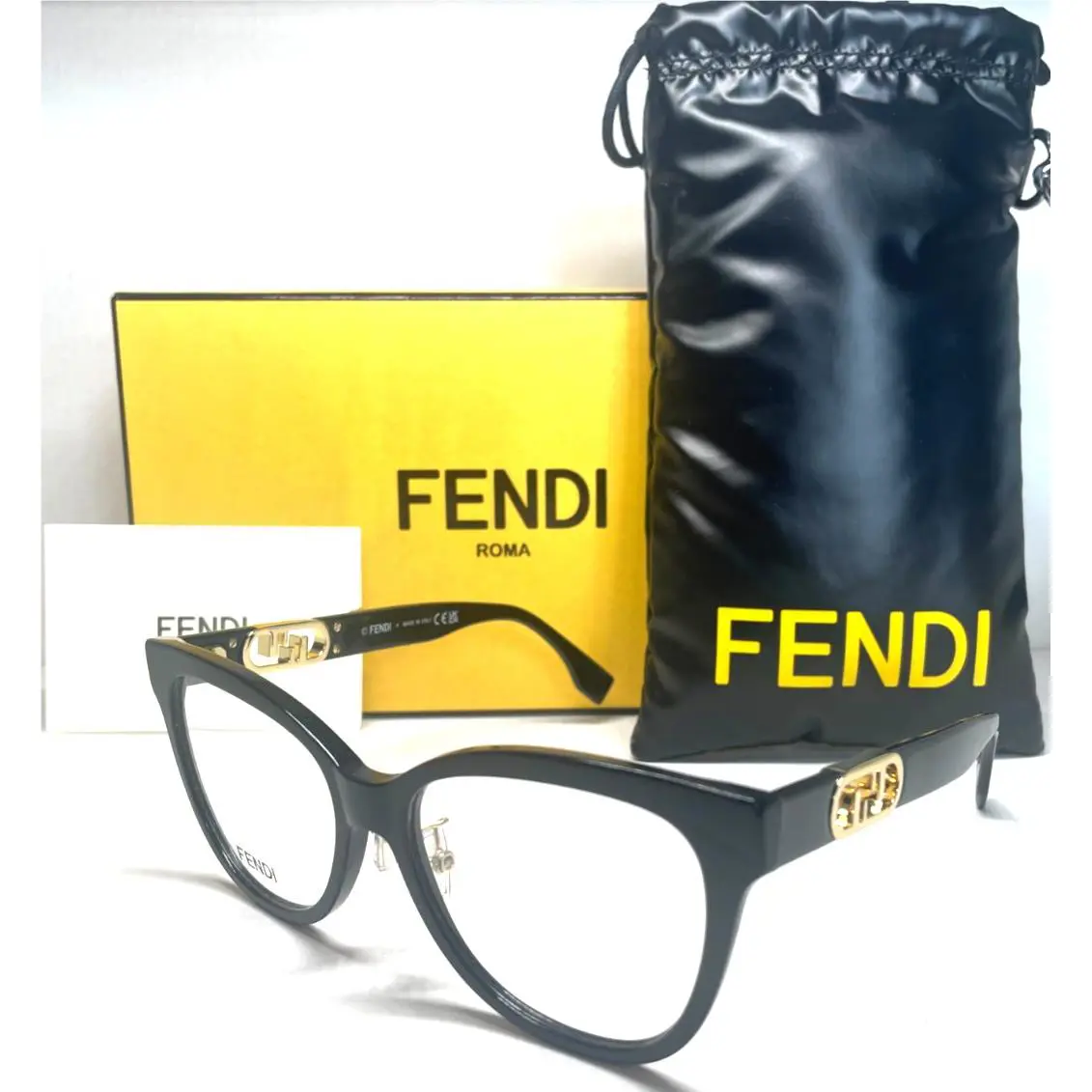 Fendi O`lock FE50093F 001 Shiny Black Gold Eyeglasses Frame 54-16