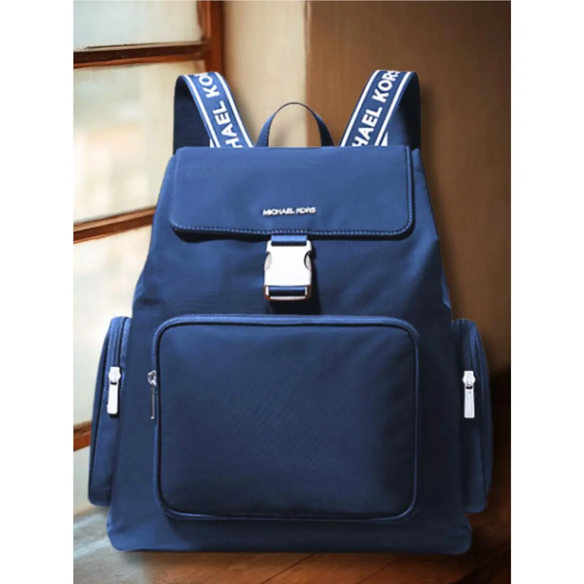 Michael Kors Khai Women Large Nylon Flap Cargo Zip Pocket Backpack Navy