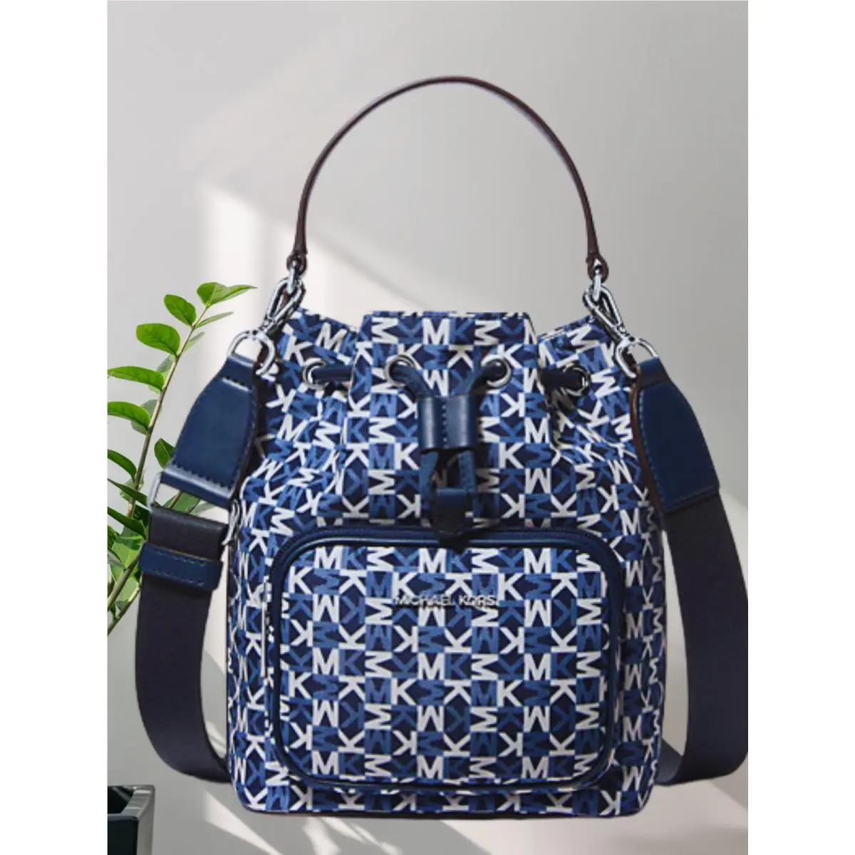 Michael Kors Khai Women Small Signature Logo Bucket Messenger Crossbody Bag Navy