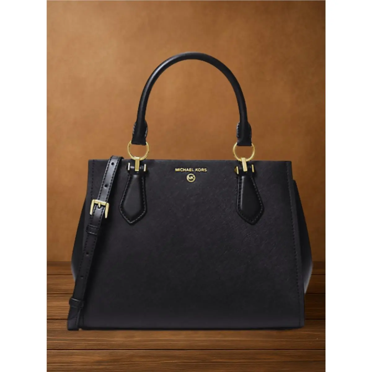 Michael Kors Marilyn Women Medium Leather Gold Tone Crossbody Satchel Bag Black