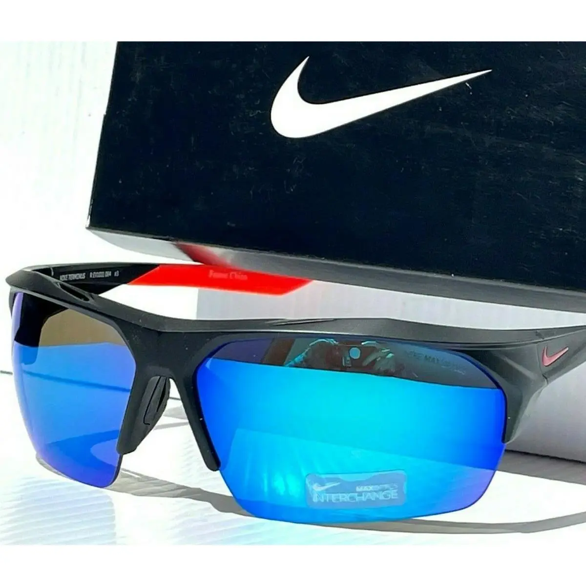 Terminus Matte Black Semi Rimless Blue Mirror Large Sunglass EV1031 064 by Nike