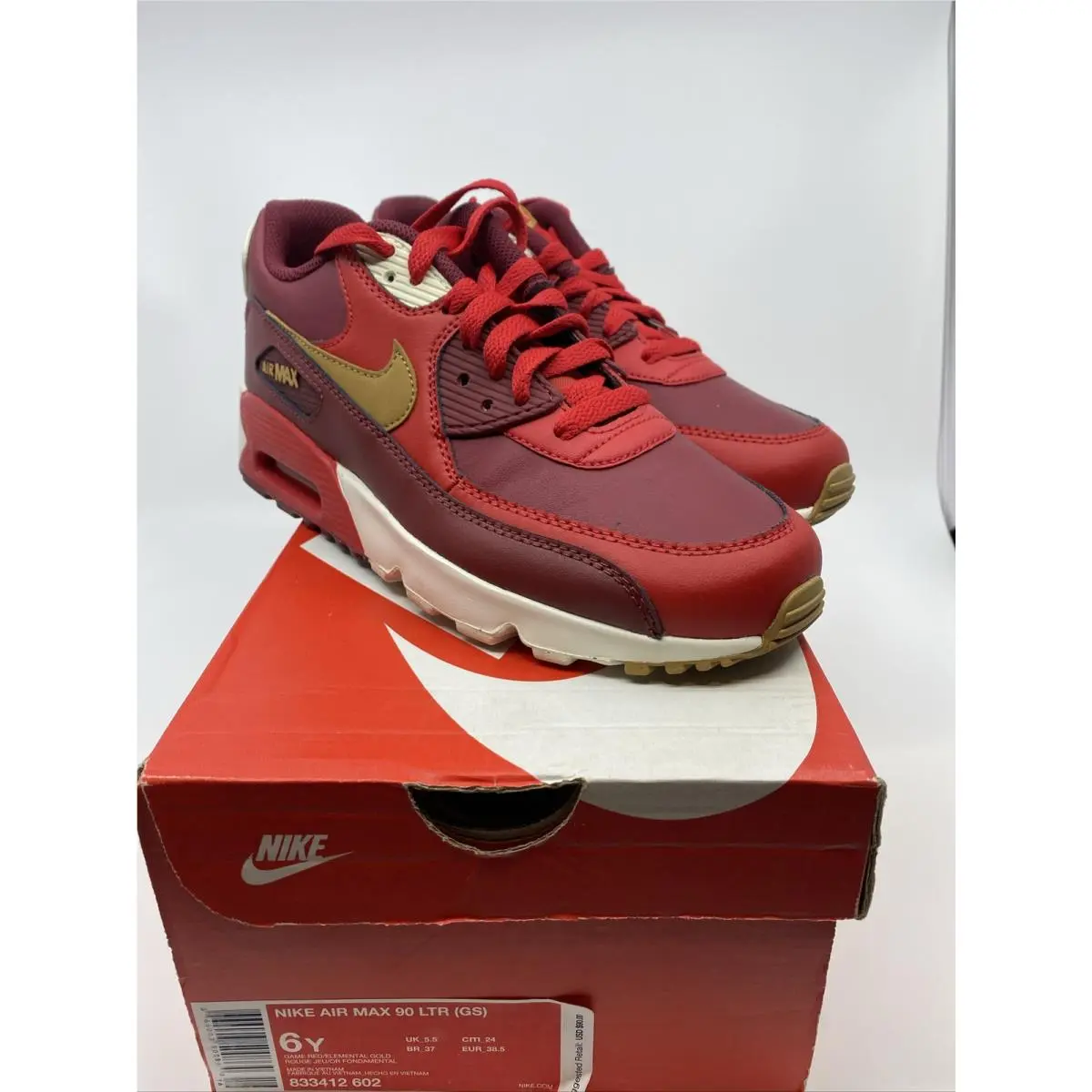 Nike Air Max 90 Essential 833412 602 Ltr Game Red/ Elemental Gold 6Y