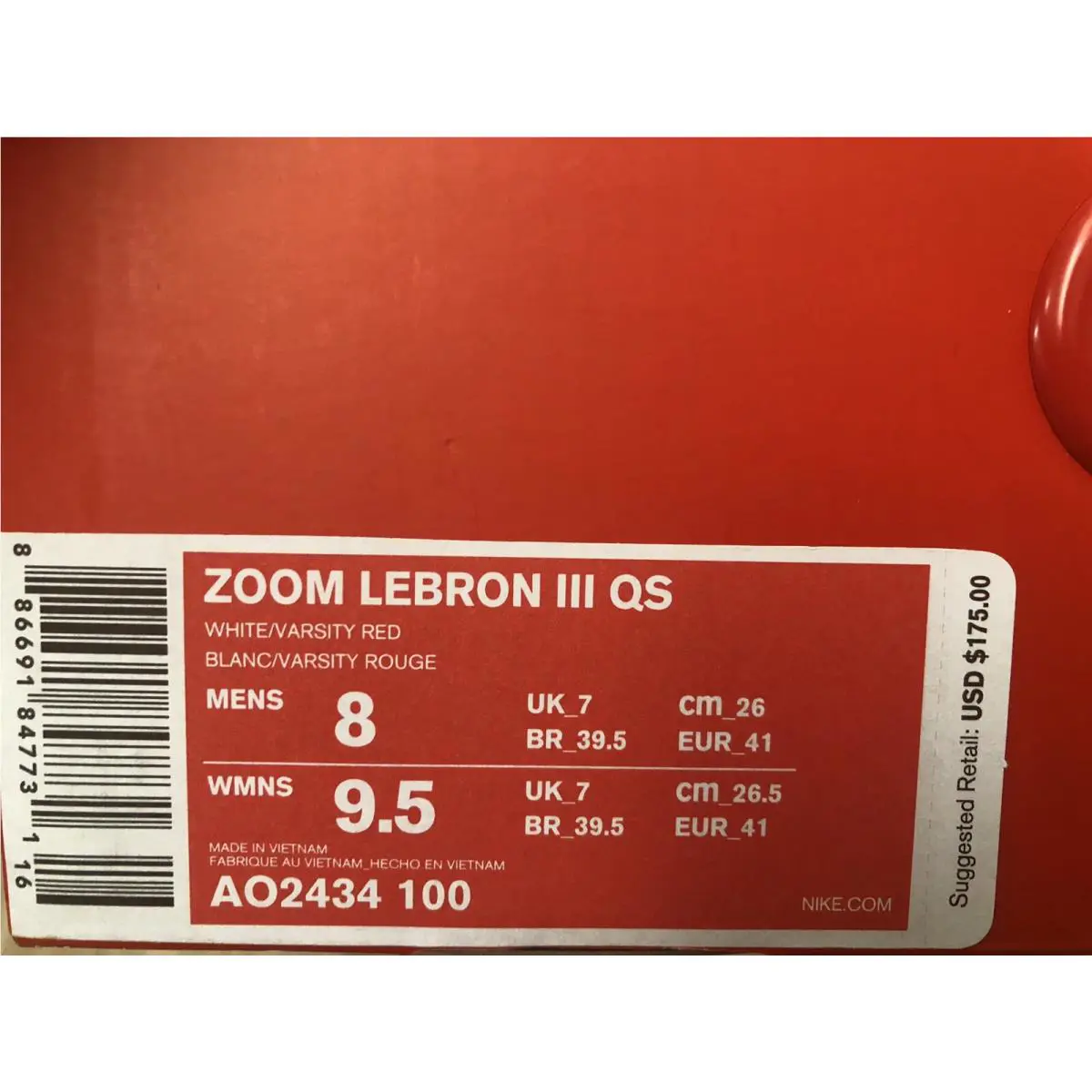 Nike shoes - Nike Zoom Lebron III QS - AO2434-100 - White Red (UPC: 886691873099) 10