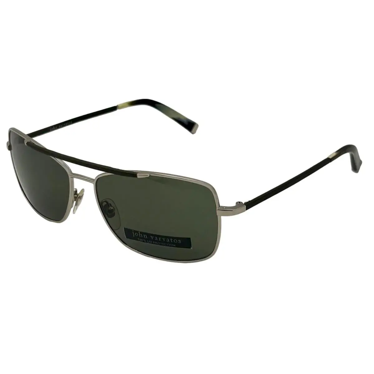 John Varvatos Mens Silver Metal Rectangle Aviator Sunglass Green Lens V112