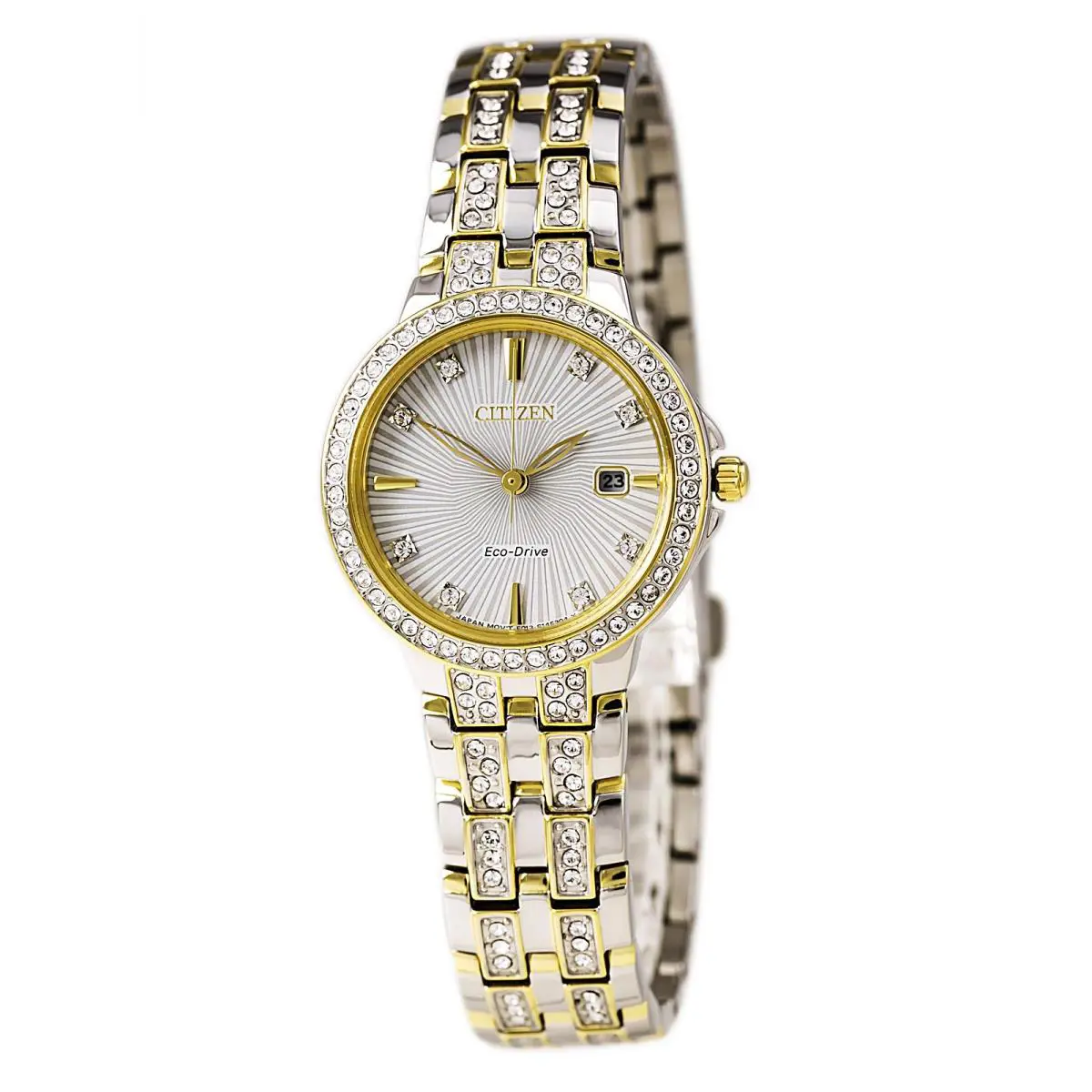 Citizen EW2344-57A Lady`s White Dial Two Tone Steel Crystal Watch - Dial: Silver, Band: Multicolor, Bezel: Multicolor